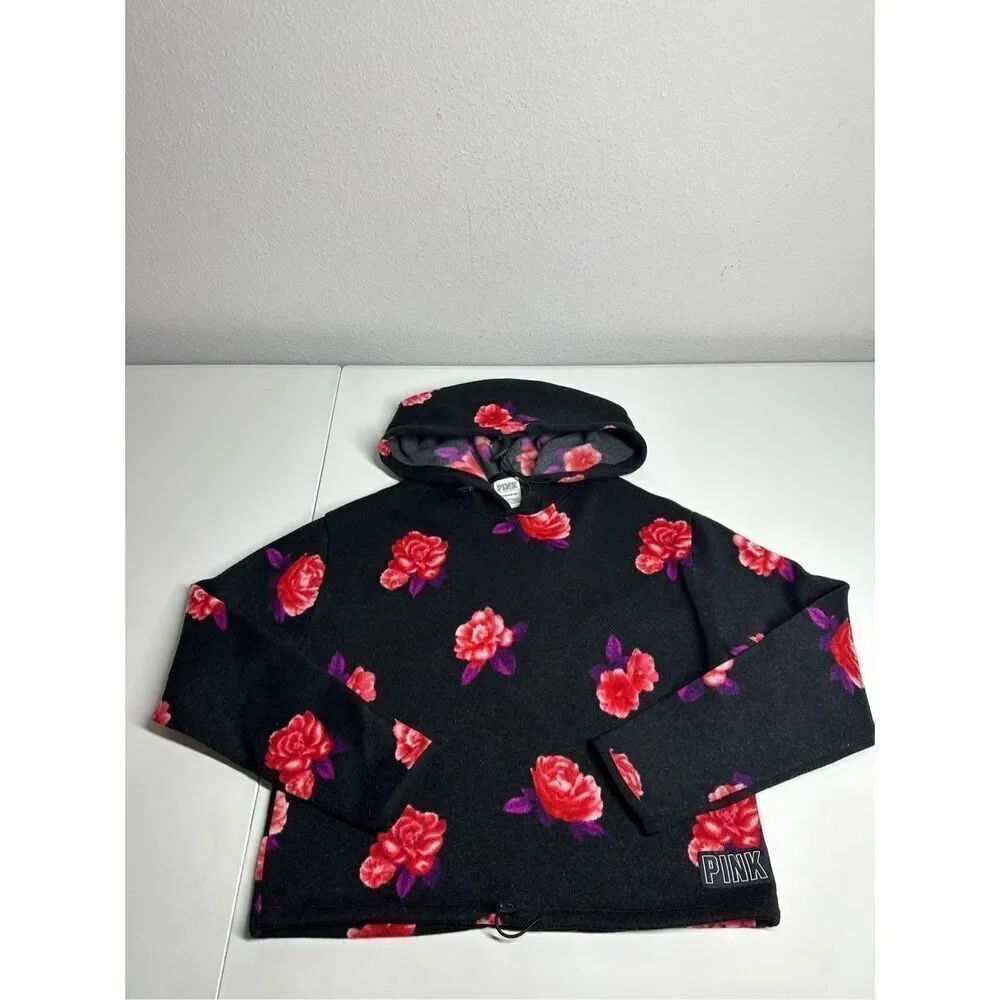 Women’s Victoria Secret PINK Active Pullover Floral Black Hoodie Sweater Size XS